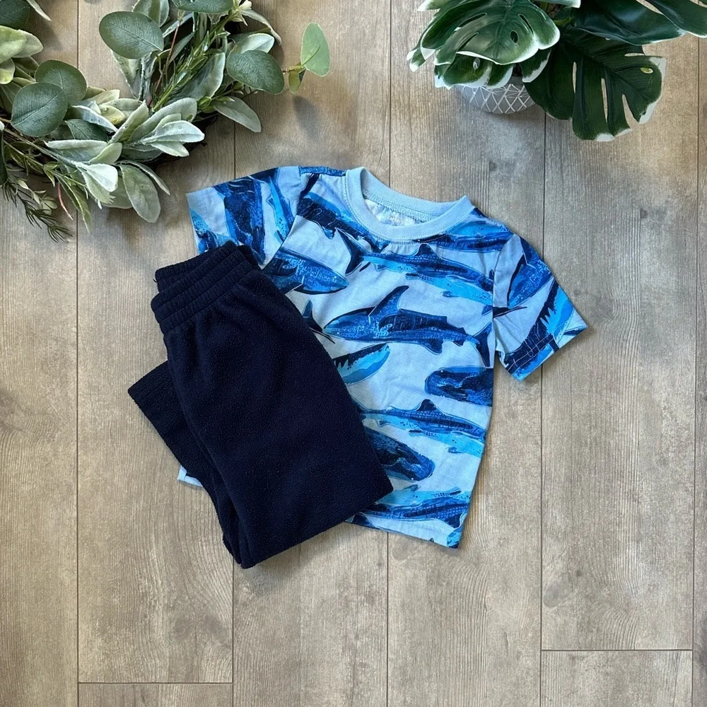 Toddler Boy Clothes Outfit Blue Shark T-Shirt + Fleece Pants Set Carters & Place